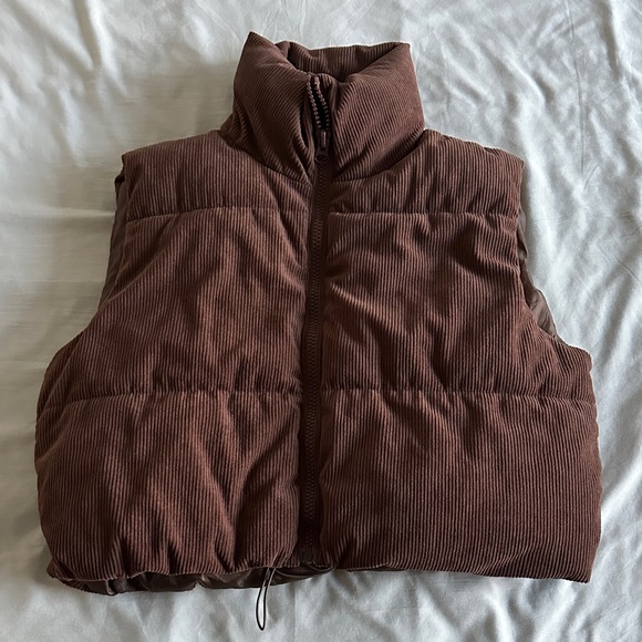 Brown Corduroy Puffer Vest (Cropped Stand Collar) - Picture 1 of 4